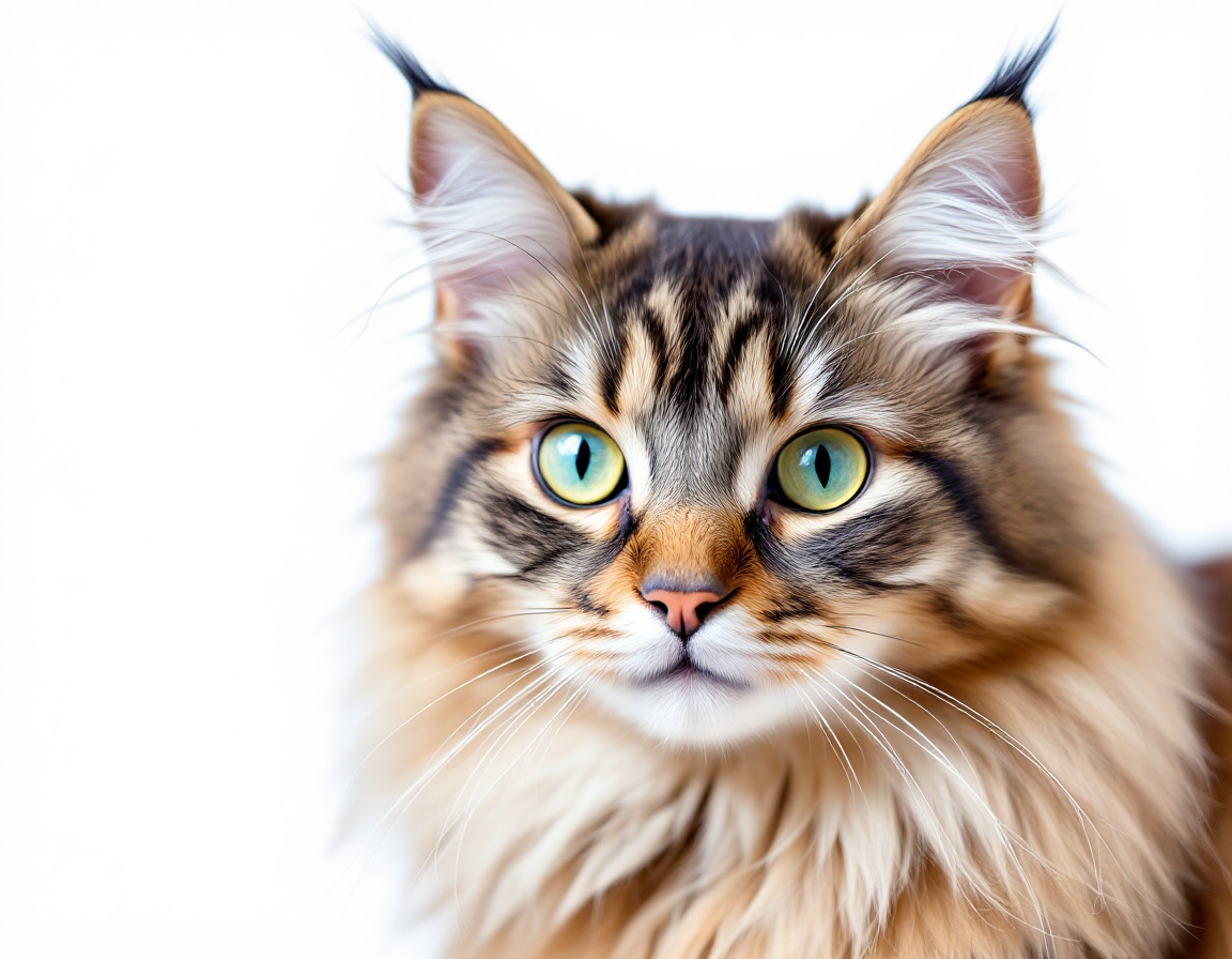 Close-up portrait of cat on a white background, with its alert expression and intricate details of its fur and whiskers in sharp focus.